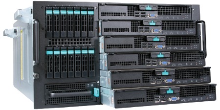 Un serveur 6U contenant six processeurs Intel Xeon, un contrôleur stockage spécifique, quatre alimentations, jusqu'à 1,5 To de mémoire vive et 14 To de stockage.